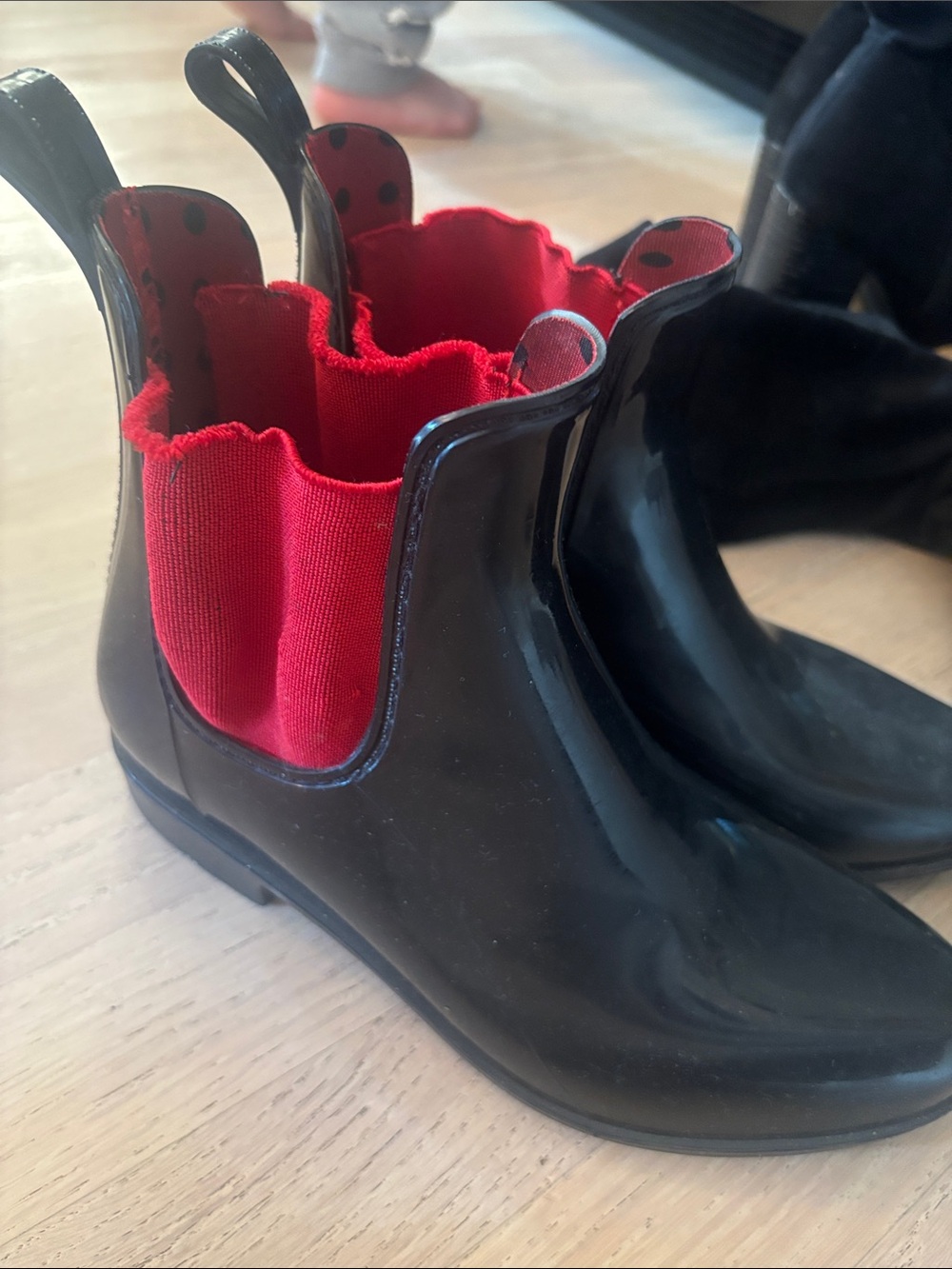 Lauren Ralph Lauren Black Glossy Chelsea Rain Boots with Red Panels